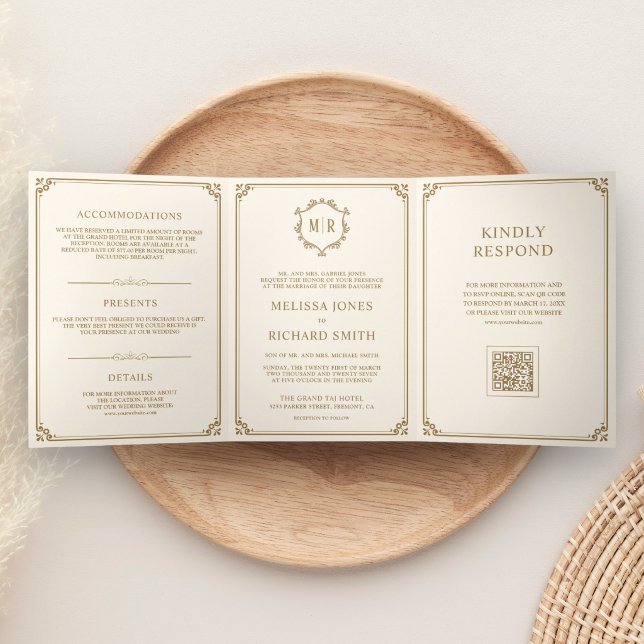 Convite Com Dobra Tripla Casamento Clássico com Monograma em Creme e Dourad (Criador carregado)