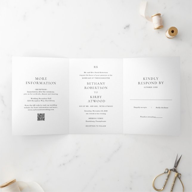 Convite Com Dobra Tripla Casamento Clássico com QR Code Preto e Branco Eleg (Dentro)