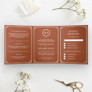 Convite Com Dobra Tripla Casamento Clássico de Terracotta Monograma Elegant
