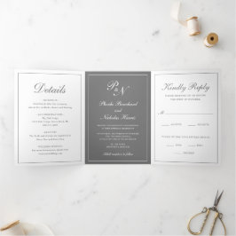 Convite Com Dobra Tripla Casamento Clássico Elegante Cinza