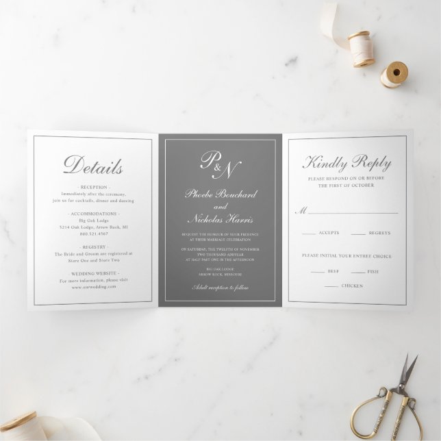Convite Com Dobra Tripla Casamento Clássico Elegante Cinza (Dentro)