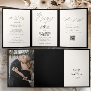 Convite Com Dobra Tripla Casamento clássico elegante em preto e marfim com
