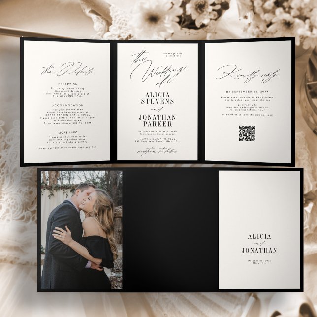 Convite Com Dobra Tripla Casamento clássico elegante em preto e marfim com  (Criador carregado)