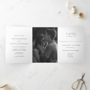 Convite Com Dobra Tripla Casamento Clássico Foto Preto e Branco Minimalista