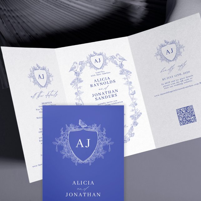 Convite Com Dobra Tripla Casamento clássico francês floral código QR azul r (Criador carregado)