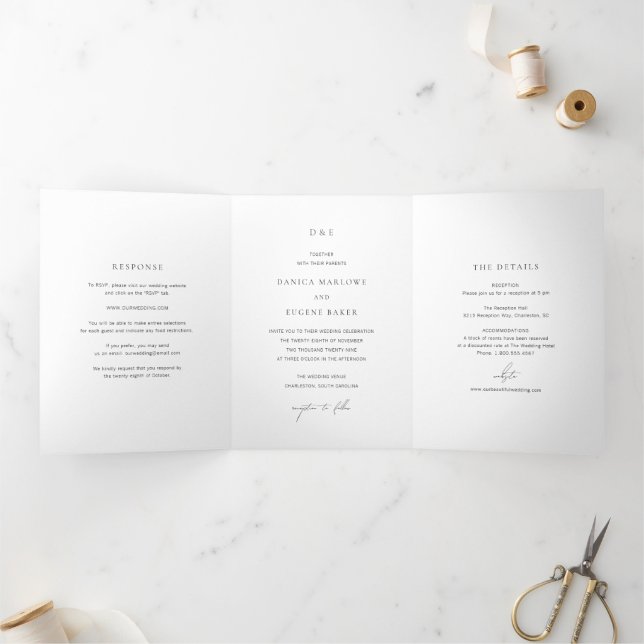 Convite Com Dobra Tripla Casamento Clássico Preto e Branco Elegante (Dentro)