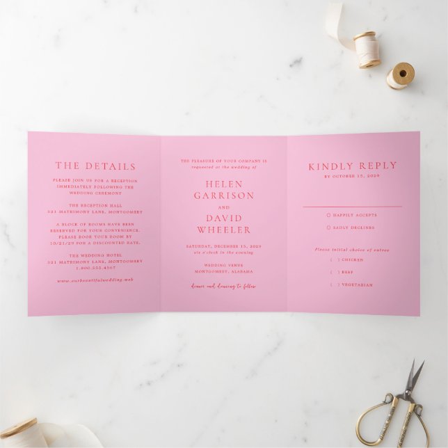 Convite Com Dobra Tripla Casamento Clássico Rosa e Vermelho Elegante (Dentro)