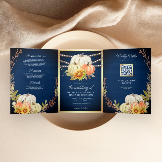 Convite Com Dobra Tripla Casamento Código QR Abóbora Girassol Madeira Rústi (Criador carregado)