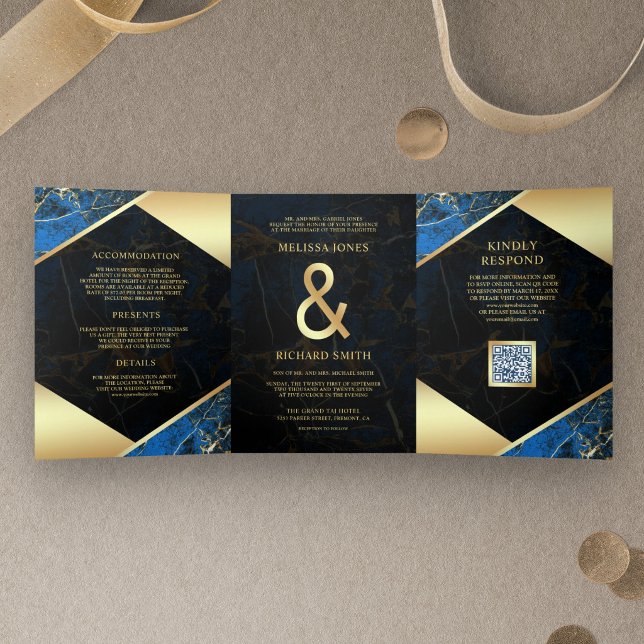 Convite Com Dobra Tripla Casamento Código QR Ampersand Mármore Dourado Azul (Criador carregado)