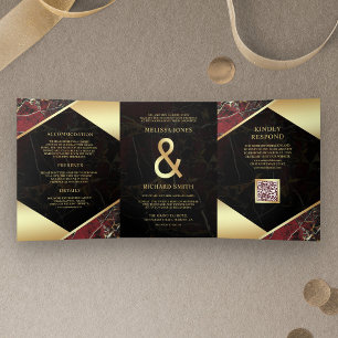 Convite Com Dobra Tripla Casamento Código QR Ampersand Mármore Dourado Borg