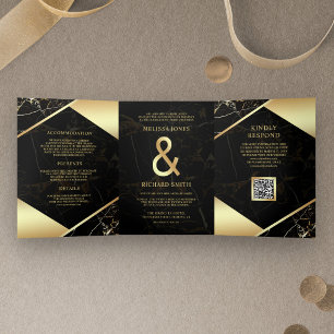 Convite Com Dobra Tripla Casamento Código QR Ampersand Mármore Ouro Preto