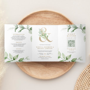 Convite Com Dobra Tripla Casamento Código QR Ampersand Ouro de Sage Greener