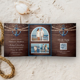 Convite Com Dobra Tripla Casamento Código QR Âncora Azul Marinho Madeira Rú