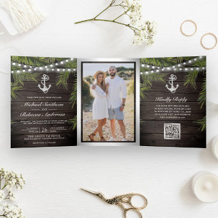 Convite Com Dobra Tripla Casamento Código QR Âncora Prata Palma Tropical Ma
