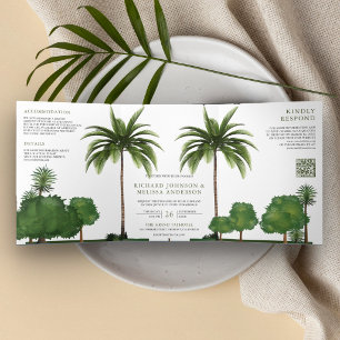 Convite Com Dobra Tripla Casamento Código QR Árvore de Palma Tropical Veget
