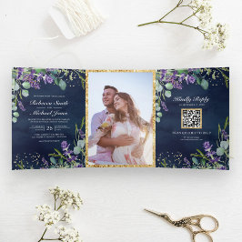 Convite Com Dobra Tripla Casamento Código QR Azul Marinho Lavanda e Eucalip