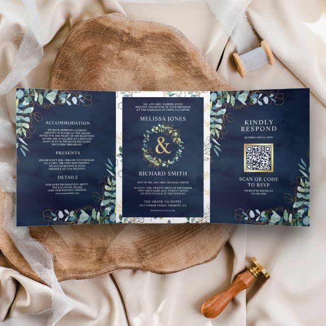 Convite Com Dobra Tripla Casamento Código QR Azul Naval Dourado Eucalipto R (Criador carregado)