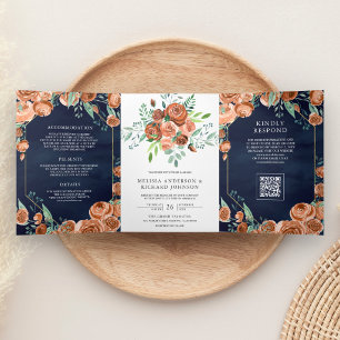 Convite Com Dobra Tripla Casamento Código QR Azul Naval Floral Laranja Quei