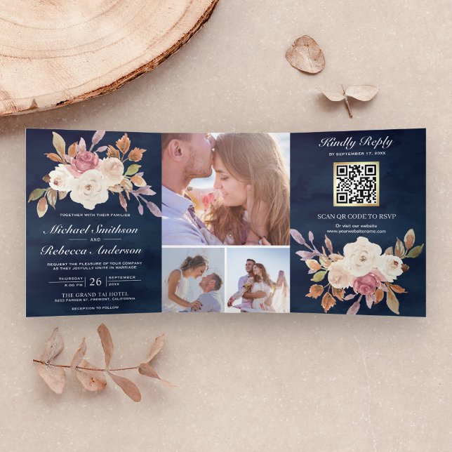 Convite Com Dobra Tripla Casamento Código QR Azul Naval Floral Marfim Rosa  (Criador carregado)