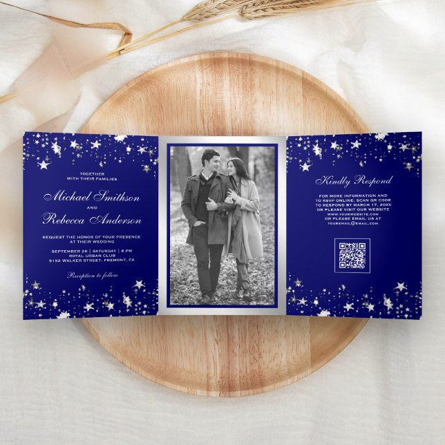 Convite Com Dobra Tripla Casamento Código QR Azul Real Confetes Estrelas Pr (Criador carregado)