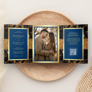 Convite Com Dobra Tripla Casamento Código QR Azul Royal Preto Mármore Doura