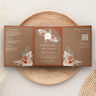 Convite Com Dobra Tripla Casamento Código QR Bege Terracota Floral Pampas