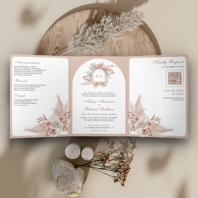 Convite Com Dobra Tripla Casamento Código QR Boho Floral Bege Neutro Pampas (Criador carregado)