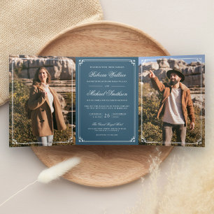 Convite Com Dobra Tripla Casamento Código QR Branco Azul Empoeirado Foto Mi