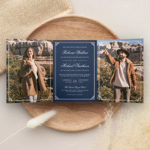 Convite Com Dobra Tripla Casamento Código QR Branco Azul Naval Foto Minimal