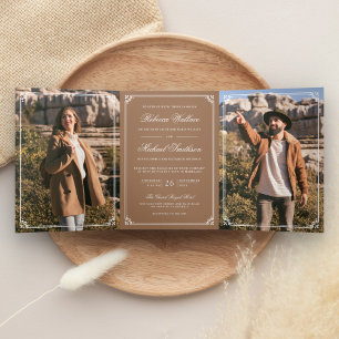 Convite Com Dobra Tripla Casamento Código QR Branco Bege Foto Minimalista