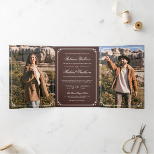 Convite Com Dobra Tripla Casamento Código QR Café Espresso Marrom Foto Mini
