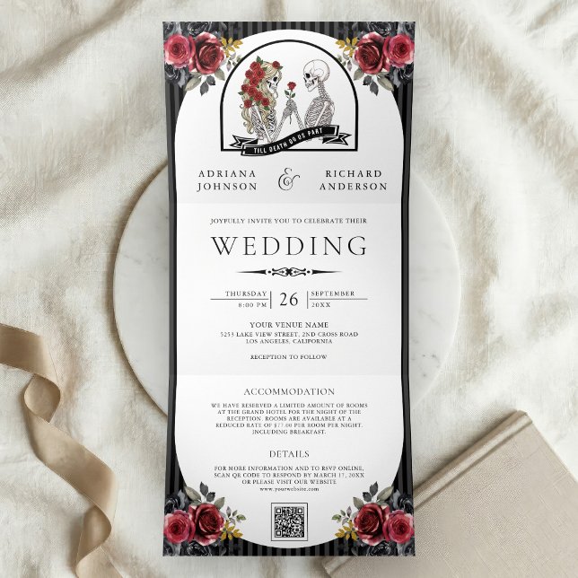 Convite Com Dobra Tripla Casamento Código QR Casal Esqueleto Góthico Rosas  (Criador carregado)