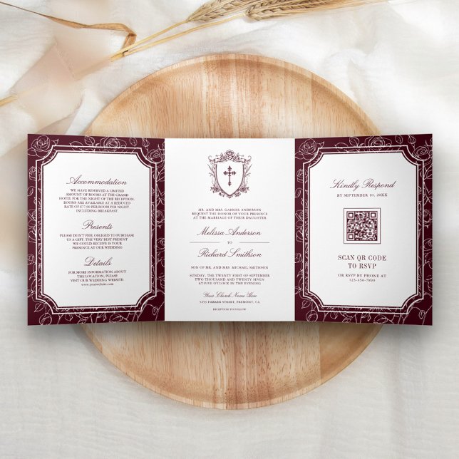 Convite Com Dobra Tripla Casamento Código QR Católico Burgundy Vitoriano (Criador carregado)
