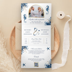 Convite Com Dobra Tripla Casamento Código QR Cavalo-Marinho Aquarela Azul N