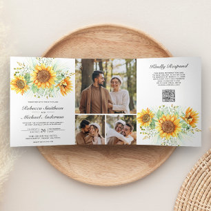 Convite Com Dobra Tripla Casamento Código QR Colagem de Fotos de Girassóis