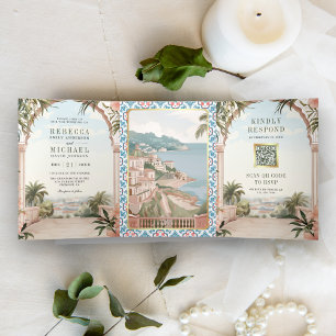 Convite Com Dobra Tripla Casamento Código QR Costa Amalfi Italiana Mediterr