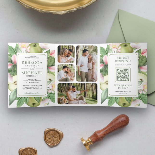 Convite Com Dobra Tripla Casamento Código QR da Macieira Verde Botânica (Criador carregado)