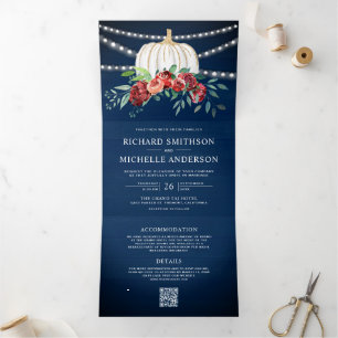 Convite Com Dobra Tripla Casamento Código QR de Abóbora Branca Floral Burgu