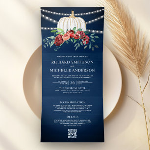 Convite Com Dobra Tripla Casamento Código QR de Abóbora Branca Floral Burgu