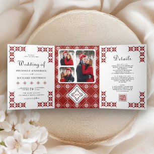 Convite Com Dobra Tripla Casamento Código QR de Bordado Ucraniano Vermelho 