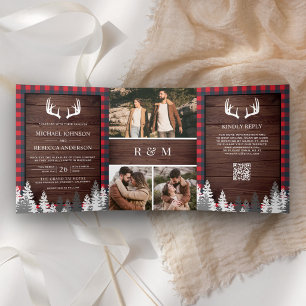 Convite Com Dobra Tripla Casamento Código QR de Chifre de Plaid Buffalo Ver