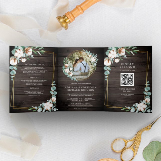 Convite Com Dobra Tripla Casamento Código QR de Eucalipto Algodão Dourado M (Criador carregado)