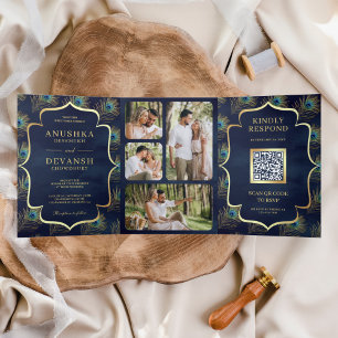 Convite Com Dobra Tripla Casamento Código QR de Penas de Pavão Azul-Marinho