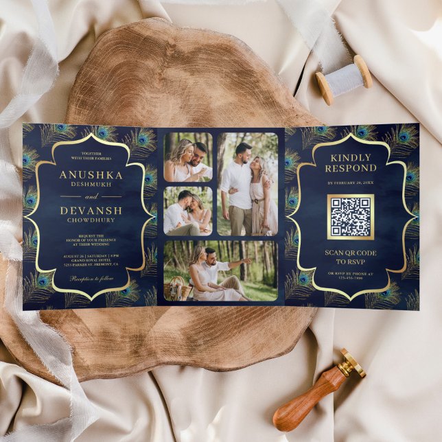 Convite Com Dobra Tripla Casamento Código QR de Penas de Pavão Azul-Marinho (Criador carregado)