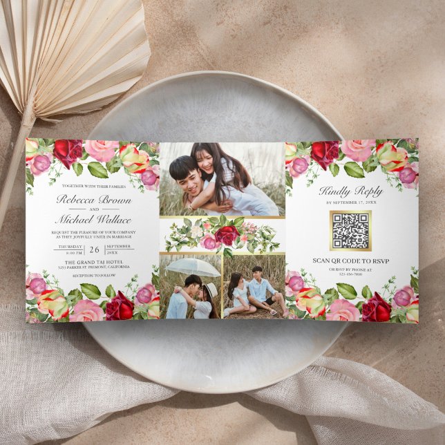 Convite Com Dobra Tripla Casamento Código QR de Rosas Rosa e Vermelhas Româ (Criador carregado)