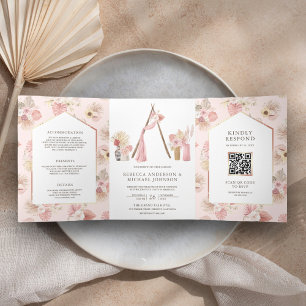 Convite Com Dobra Tripla Casamento Código QR do Arvorismo Boho Praia Floral