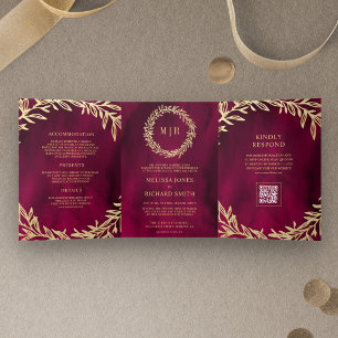 Convite Com Dobra Tripla Casamento Código QR do Ramo de Folha Dourada Rosa