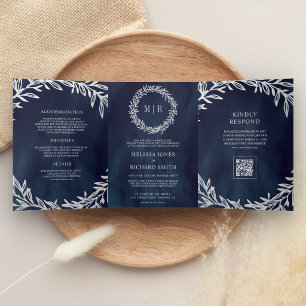 Convite Com Dobra Tripla Casamento Código QR do Ramo de Folha Prata Azul Ma