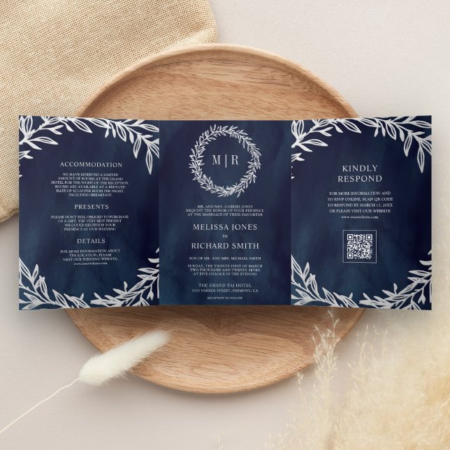 Convite Com Dobra Tripla Casamento Código QR do Ramo de Folha Prata Azul Ma (Criador carregado)