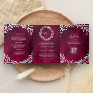 Convite Com Dobra Tripla Casamento Código QR do Ramo de Folha Prata Rosa Ma